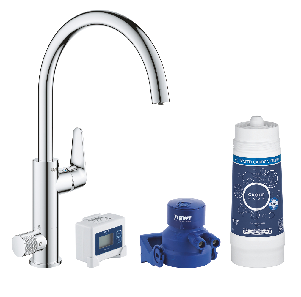 GROHE Blue Pure BauCurve Смеситель для мойки  без электроники с C-образным изливом, для подачи смешанной и фильтрованной воды, с головкой для фильтра, фильтр с активированным углем на 3000 л (40547001) и счетчиком — фото 1