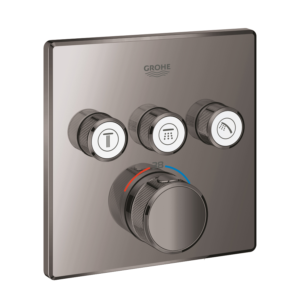 Grohtherm SmartControl Термостат для ванны/душа, комплект верхней монтажной части для Rapido SmartBox 35 600 000, квадратная розетка, 3 кнопки управления, цвет: темный графит, глянец — фото 1
