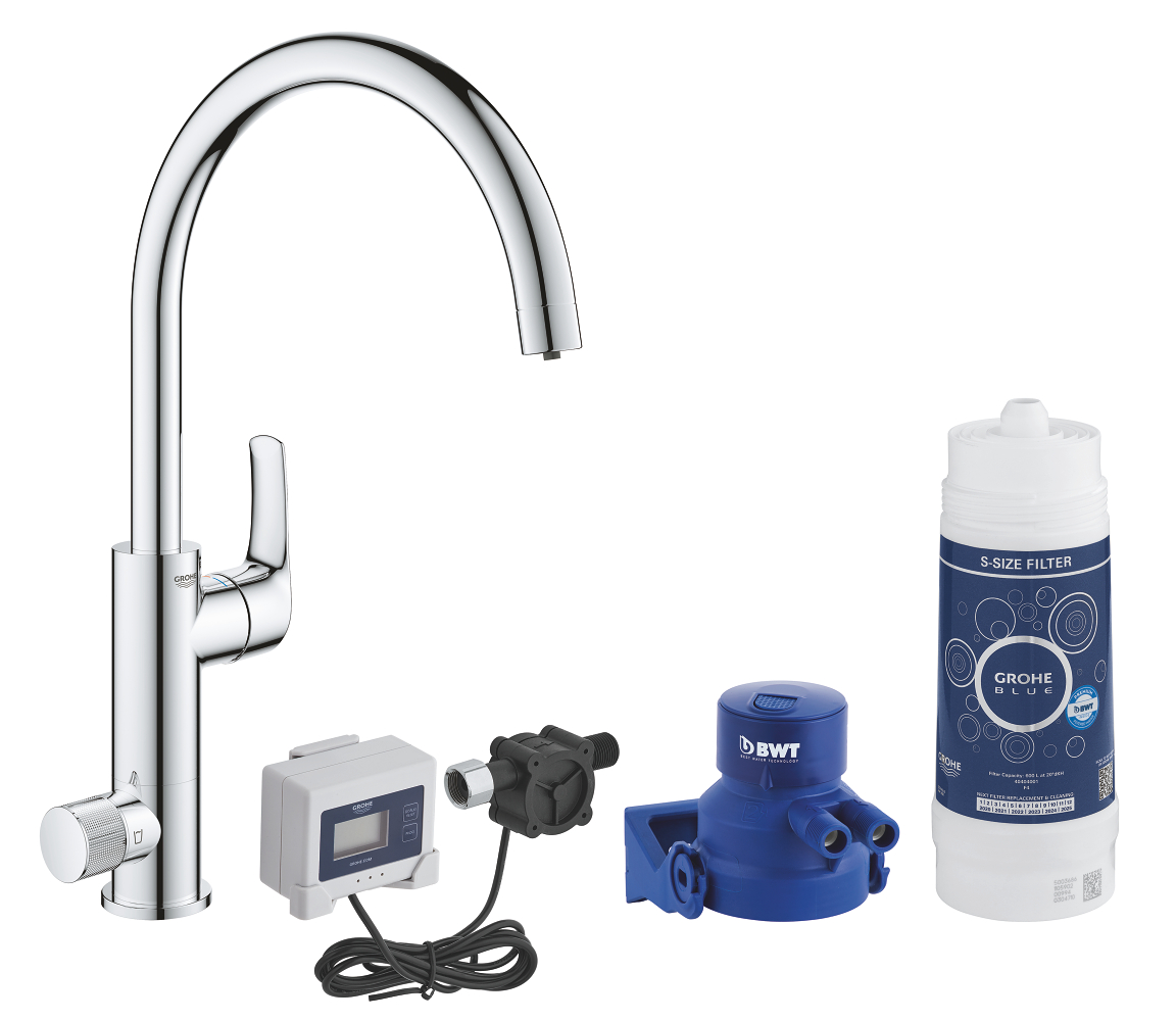 GROHE Blue Pure Eurosmart Набор: Смеситель кухонный для подачи смешанной и фильтрованной воды c C-образным изливом (31722000), головка для фильтра, фильтр размера S (40404001), счетчик — фото 1