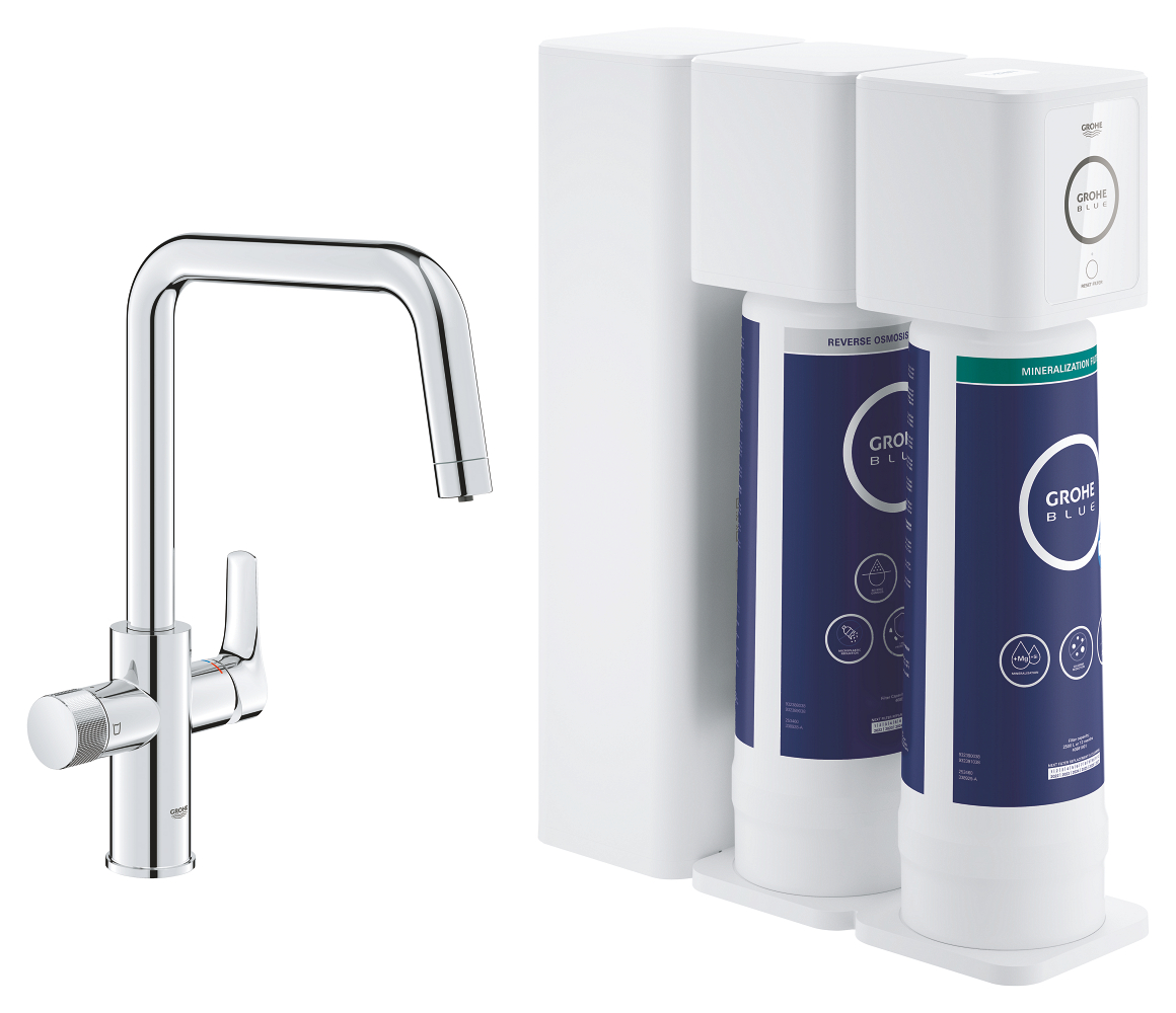 Grohe Blue Pure Eurosmart Комплект: Смеситель кухонный для подачи смешанной и фильтрованной воды c U-образным изливом (30583000), фильтр RO+ с блоком для подключения (40878000); цвет Хром — фото 1