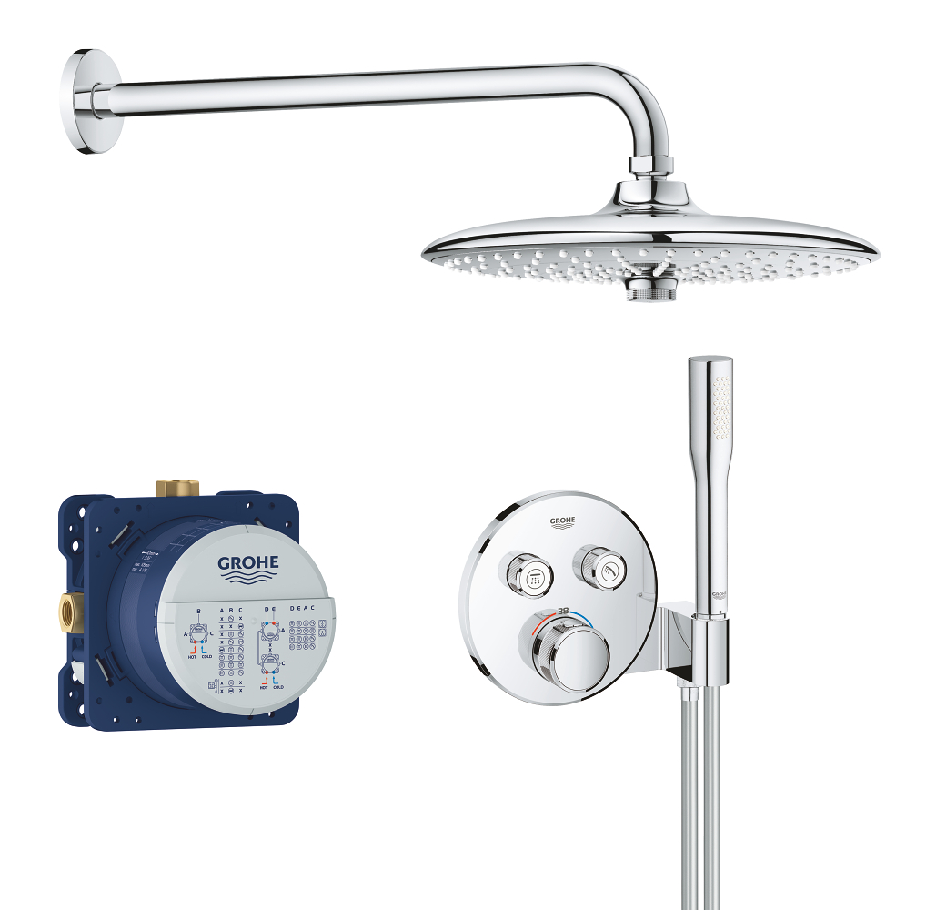 34744000 Grohtherm SmartControl Набор для душа: встраив. термостат с 2 кнопк.упр. (кругл.розетка) и держателем ручн.душа (29120), SmartBox (35 600 000), верхн.душ Euphoria 260 кругл. (26458) с кронш., ручн.душ Euphoria Cosmo Stick (27400) — фото 1