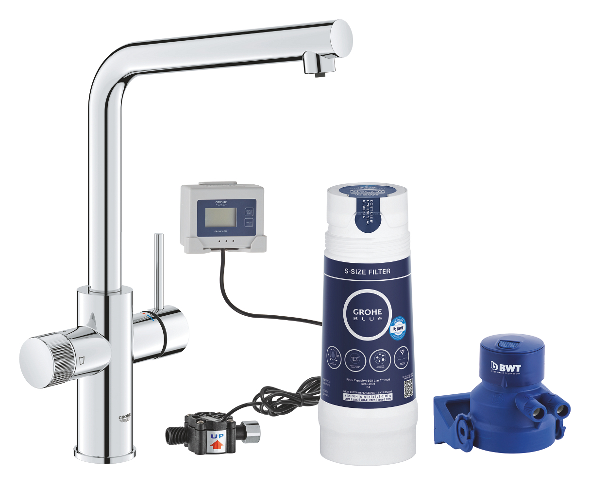 Grohe Blue Pure Minta Комплект: Смеситель кухонный для подачи смешанной и фильтрованной воды c L-образным изливом (30588000), головка для фильтра, фильтр размера S (40404001), счетчик; цвет Хром — фото 1