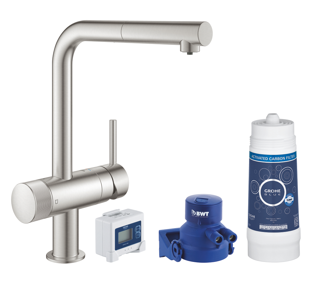 GROHE Blue Pure Minta Смеситель для мойки  без электроники с L-образным выдвижным изливом, для подачи смешанной и фильтрованной воды, с головкой для фильтра, фильтр с активированным углем на 3000 л (40547001) и счетчиком, цвет: суперсталь — фото 1