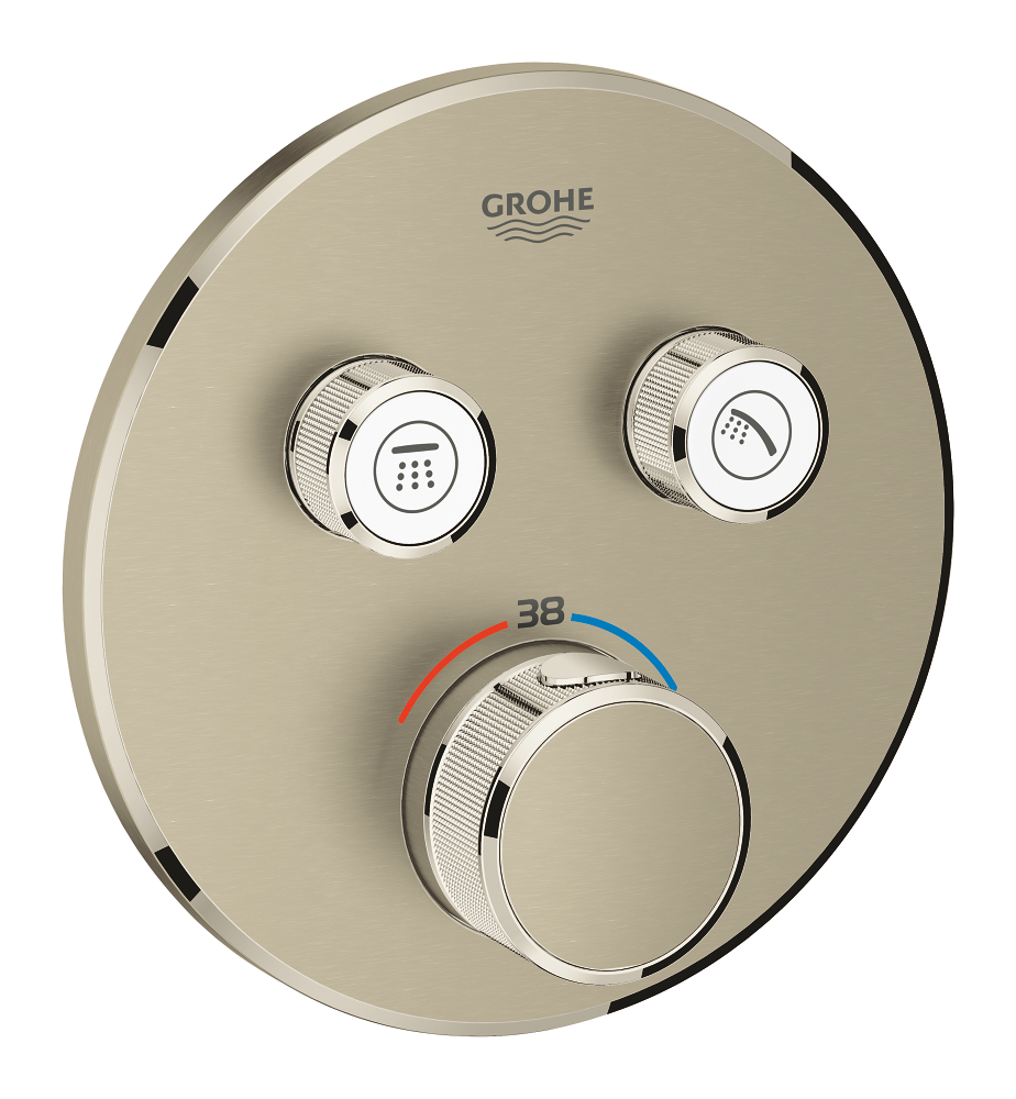 Grohtherm SmartControl Термостат для ванны/душа, комплект верхней монтажной части для Rapido SmartBox 35 600 000, круглая розетка, 2 кнопки управления, цвет: Никель, матовый — фото 1