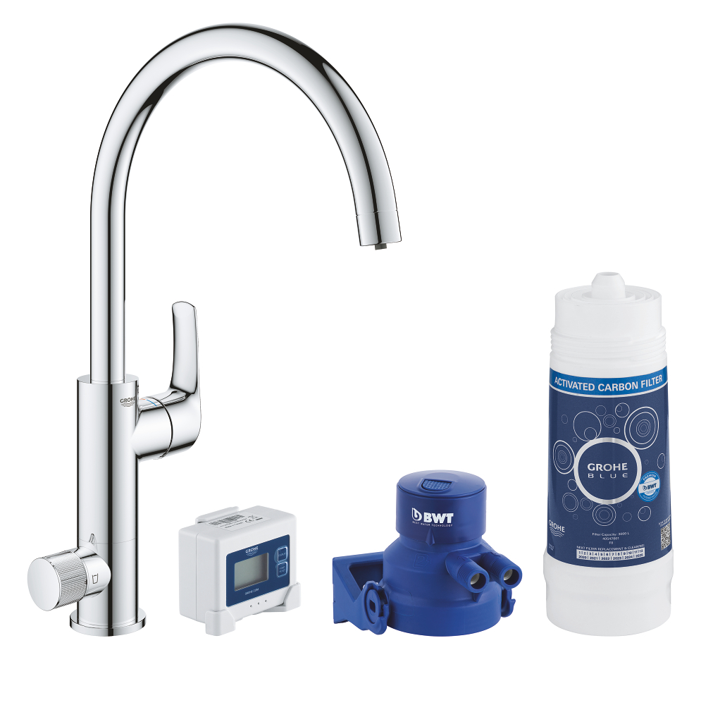 GROHE Blue Pure Eurosmart  Смеситель для мойки  без электроники с C-образным изливом, для подачи смешанной и фильтрованной воды, с головкой для фильтра, фильтр с активированным углем на 3000 л (40547001) и счетчиком — фото 1