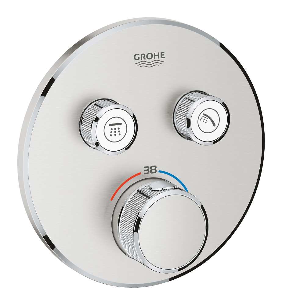 Grohtherm SmartControl Термостат для ванны/душа, комплект верхней монтажной части для Rapido SmartBox 35 600 000, круглая розетка, 2 кнопки управления, СуперСталь — фото 1