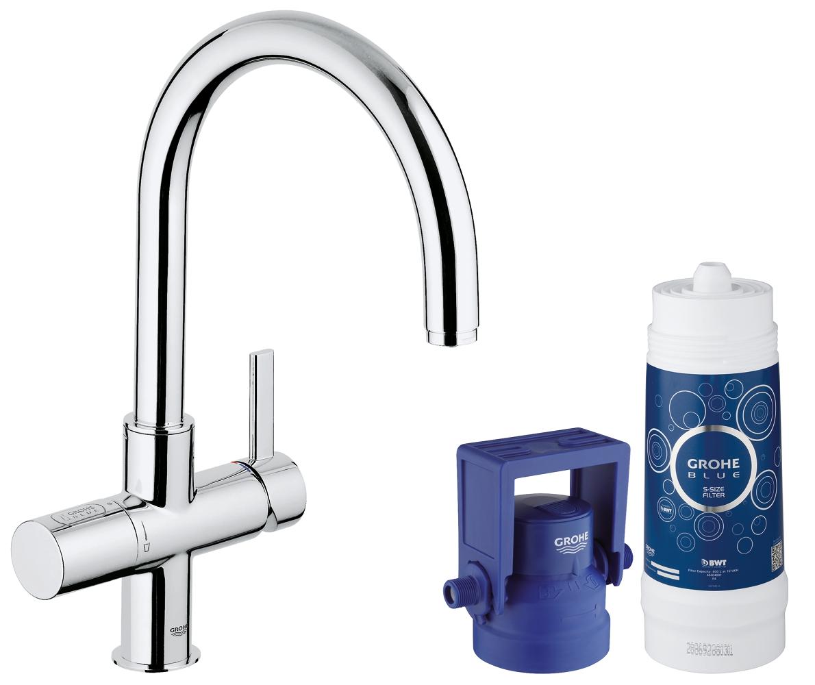 GROHE Blue Pure Смеситель однорычажный для мойки C-излив, стартовый комплект — фото 1