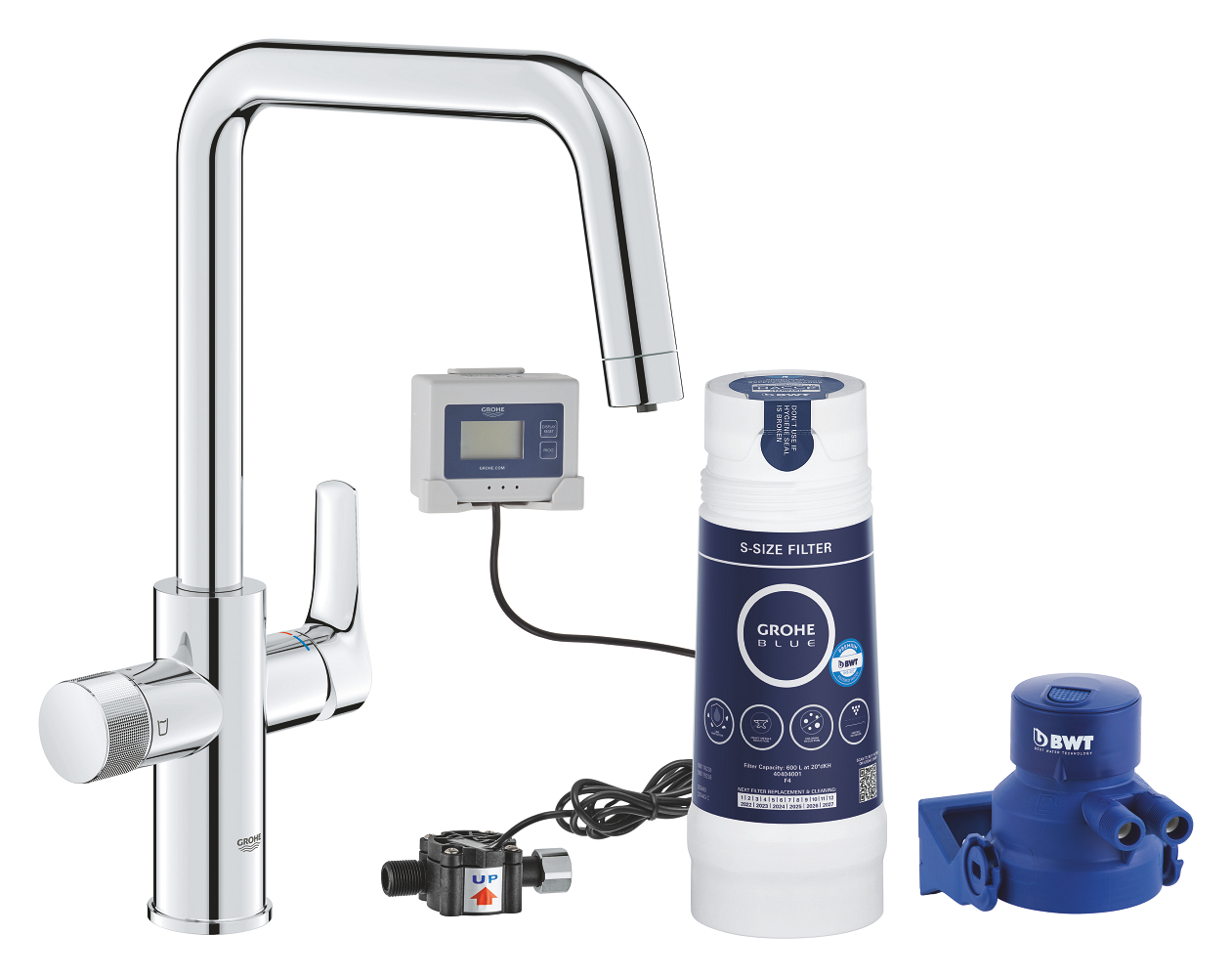 Grohe Blue Pure Eurosmart Комплект: Смеситель кухонный для подачи смешанной и фильтрованной воды c U-образным изливом (30583000), головка для фильтра, фильтр размера S (40404001), счетчик; цвет Хром — фото 1