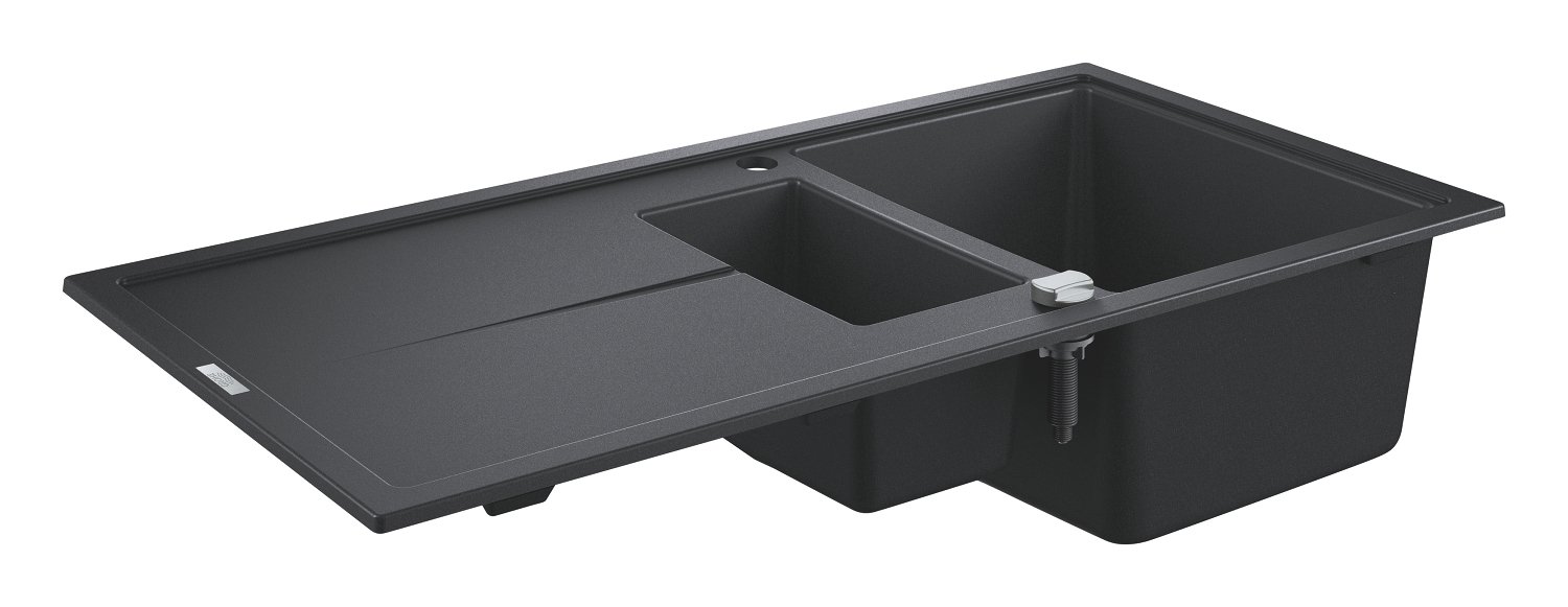 K400 60-C 100/50 1.5 Композитная мойка с 1,5 чашей и крылом, оборачиваемая, с корзинчатым вентилем и автоматическим сливным гарнитуром, черный гранит