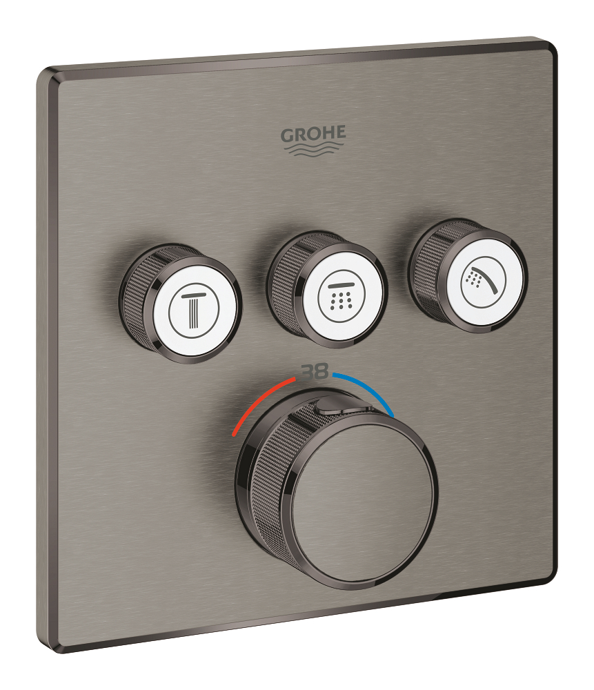 Grohtherm SmartControl Термостат для ванны/душа, комплект верхней монтажной части для Rapido SmartBox 35 600 000, квадратная розетка, 3 кнопки управления, цвет: темный графит, матовый — фото 1